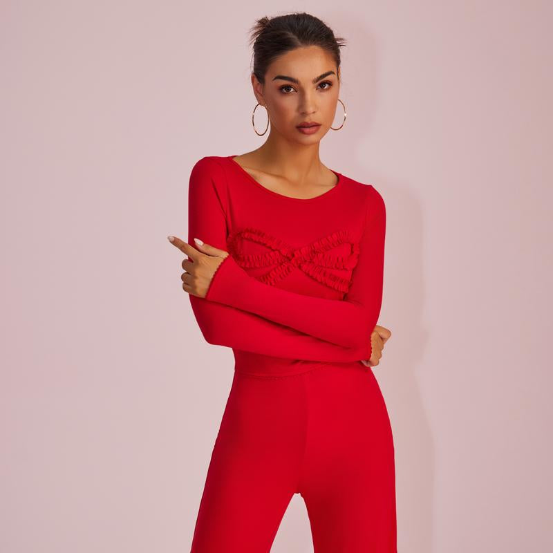 Joyfunear Solid Color Knitted Long-Sleeved round Neck Top & Casual Straight-Leg Pants Set with Bow Decoration for Daily Wear
