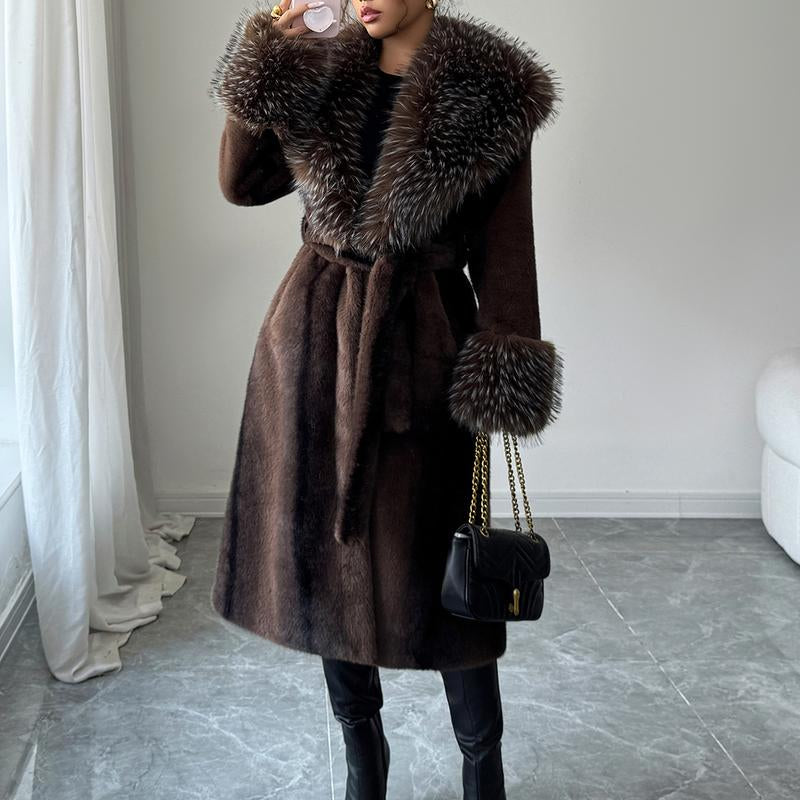 ASANDY Women'S Luxury Faux Brown Fur Coat with Plush Collar & Cuffs Belted Mid-Length Winter Outerwear Elegance Long Sleeve Jackets for Cold Weather Elegant Casual Style