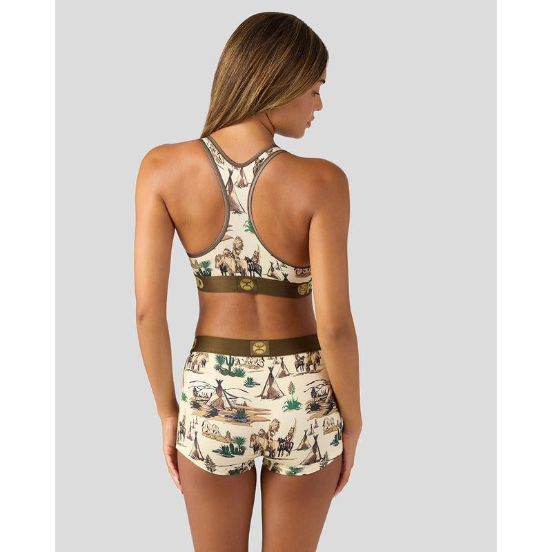 Back view of the Vintage Racerback Sports Bra for Women featuring Comanche print and lightweight fabric.