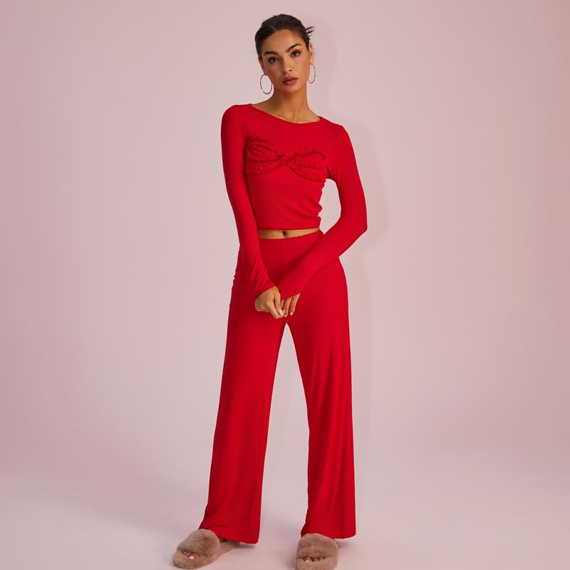 Joyfunear Solid Color Knitted Long-Sleeved round Neck Top & Casual Straight-Leg Pants Set with Bow Decoration for Daily Wear