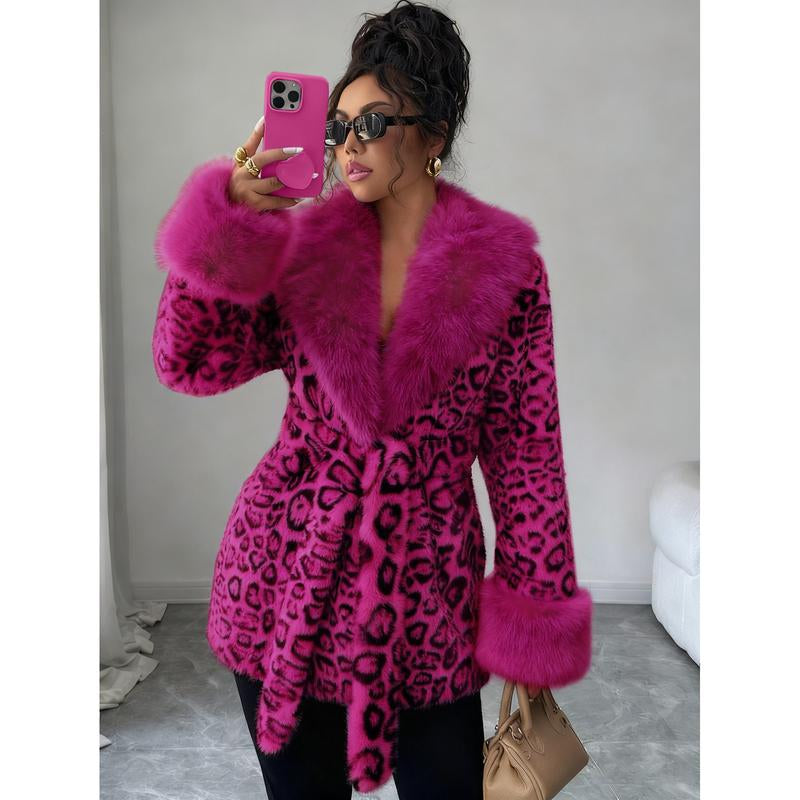 ASANDY Women’S Winter Lace-Up Leopard Print Faux Fur Coat Elegant Synthetic Leather Jacket Warm & Fashionable Outdoor Sports Coat Suitable for Cold Weather Suitable for Both Autumn and Winter