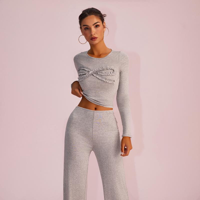 Joyfunear Solid Color Knitted Long-Sleeved round Neck Top & Casual Straight-Leg Pants Set with Bow Decoration for Daily Wear