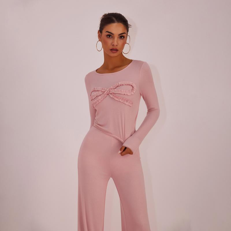 Joyfunear Solid Color Knitted Long-Sleeved round Neck Top & Casual Straight-Leg Pants Set with Bow Decoration for Daily Wear