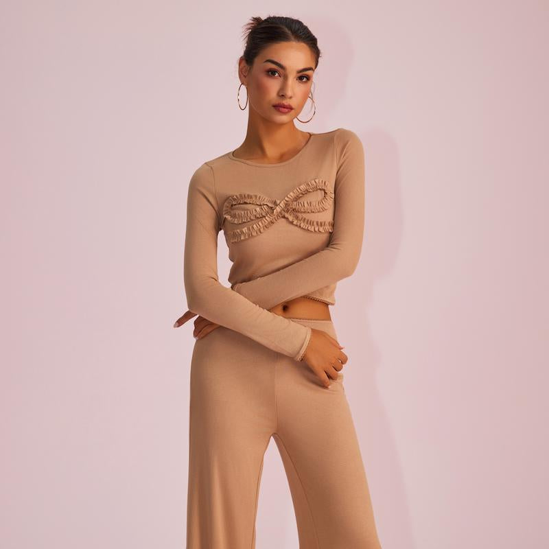 Joyfunear Solid Color Knitted Long-Sleeved round Neck Top & Casual Straight-Leg Pants Set with Bow Decoration for Daily Wear