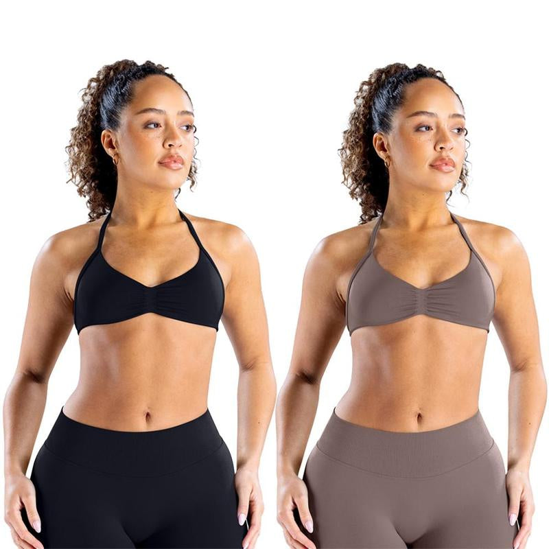 DEEFY Impact Strappy Bra Fitness Gymwear Halter Sportstop Open Back Padded Gym Workout Sportswear Women Seamless Tank Activewear Tops Low Impact Bra Gym