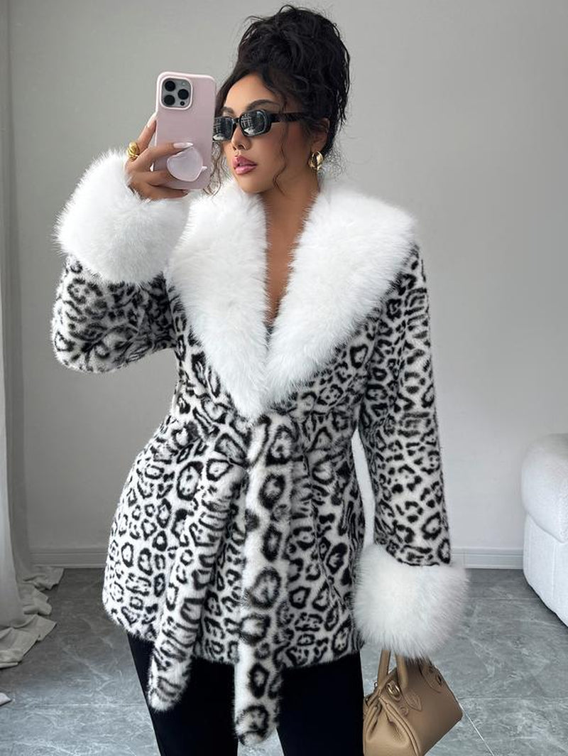 ASANDY Women’S Winter Lace-Up Leopard Print Faux Fur Coat Elegant Synthetic Leather Jacket Warm & Fashionable Outdoor Sports Coat Suitable for Cold Weather Suitable for Both Autumn and Winter