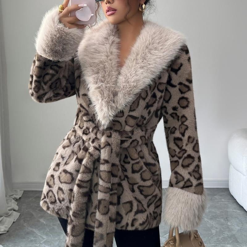 ASANDY Women’S Winter Lace-Up Leopard Print Faux Fur Coat Elegant Synthetic Leather Jacket Warm & Fashionable Outdoor Sports Coat Suitable for Cold Weather Suitable for Both Autumn and Winter