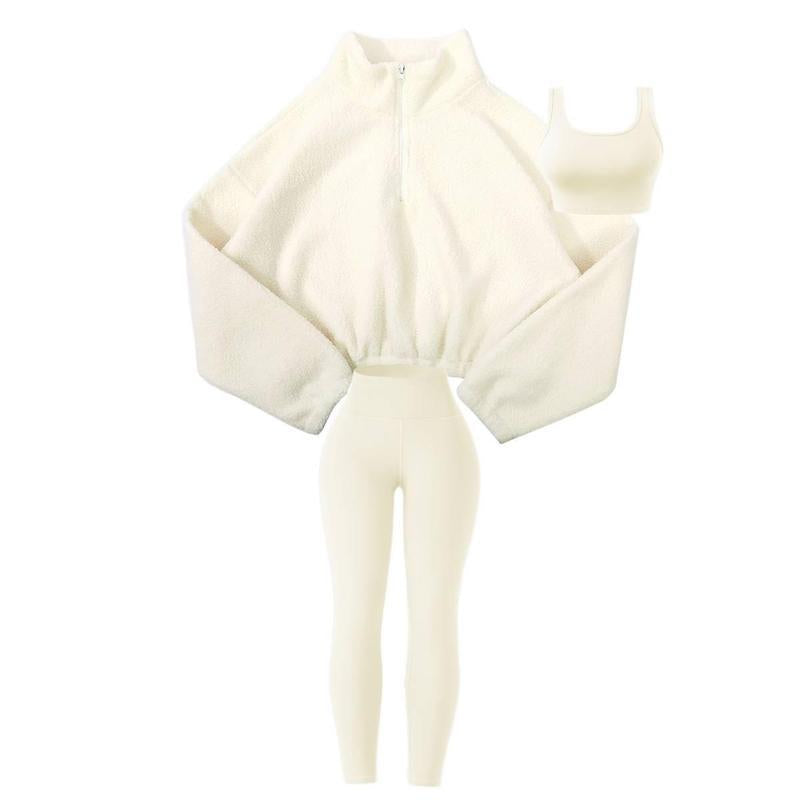 Amoyer 3-Piece Tracksuit Set for Women, Fleece-Lined Zip Jacket + Top + High-Waist Pants, Cozy Winter Activewear for Gym, Running, Travel