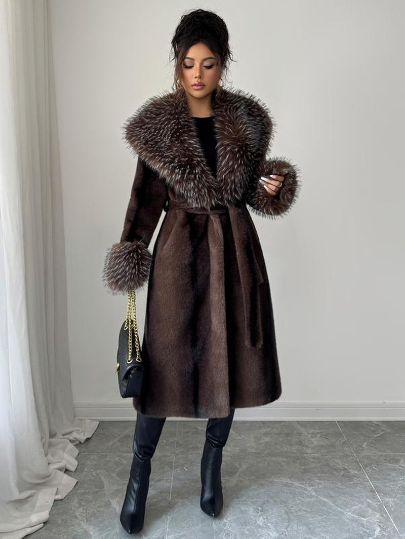 ASANDY Women'S Luxury Faux Brown Fur Coat with Plush Collar & Cuffs Belted Mid-Length Winter Outerwear Elegance Long Sleeve Jackets for Cold Weather Elegant Casual Style