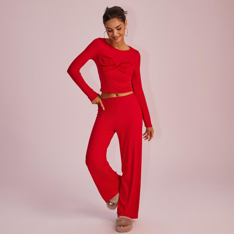 Joyfunear Solid Color Knitted Long-Sleeved round Neck Top & Casual Straight-Leg Pants Set with Bow Decoration for Daily Wear