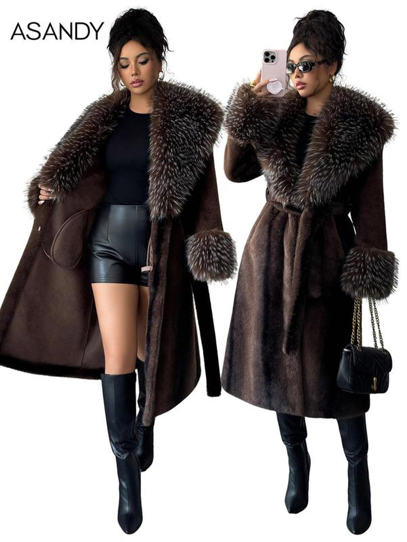 ASANDY Women'S Luxury Faux Brown Fur Coat with Plush Collar & Cuffs Belted Mid-Length Winter Outerwear Elegance Long Sleeve Jackets for Cold Weather Elegant Casual Style