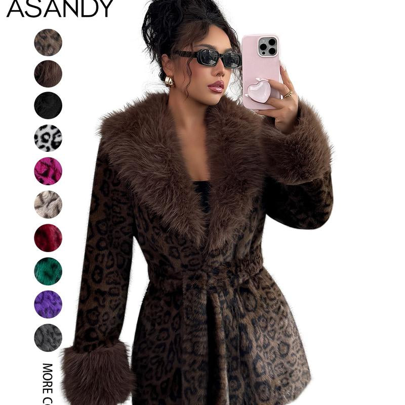 ASANDY Women’S Winter Lace-Up Leopard Print Faux Fur Coat Elegant Synthetic Leather Jacket Warm & Fashionable Outdoor Sports Coat Suitable for Cold Weather Suitable for Both Autumn and Winter
