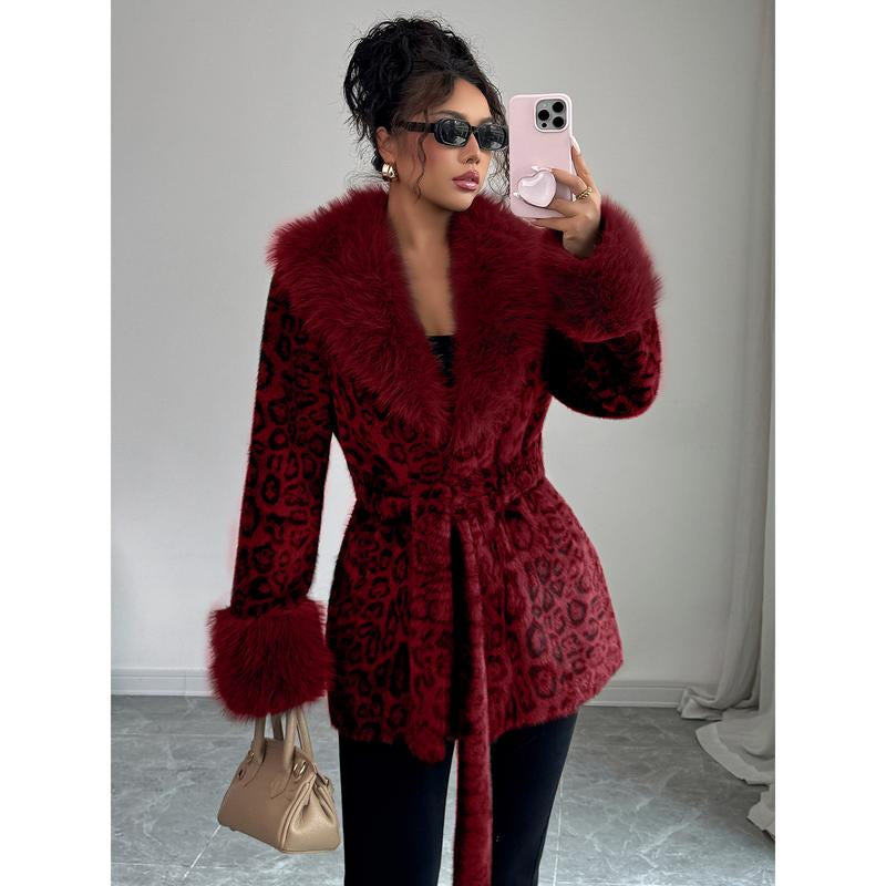 ASANDY Women’S Winter Lace-Up Leopard Print Faux Fur Coat Elegant Synthetic Leather Jacket Warm & Fashionable Outdoor Sports Coat Suitable for Cold Weather Suitable for Both Autumn and Winter