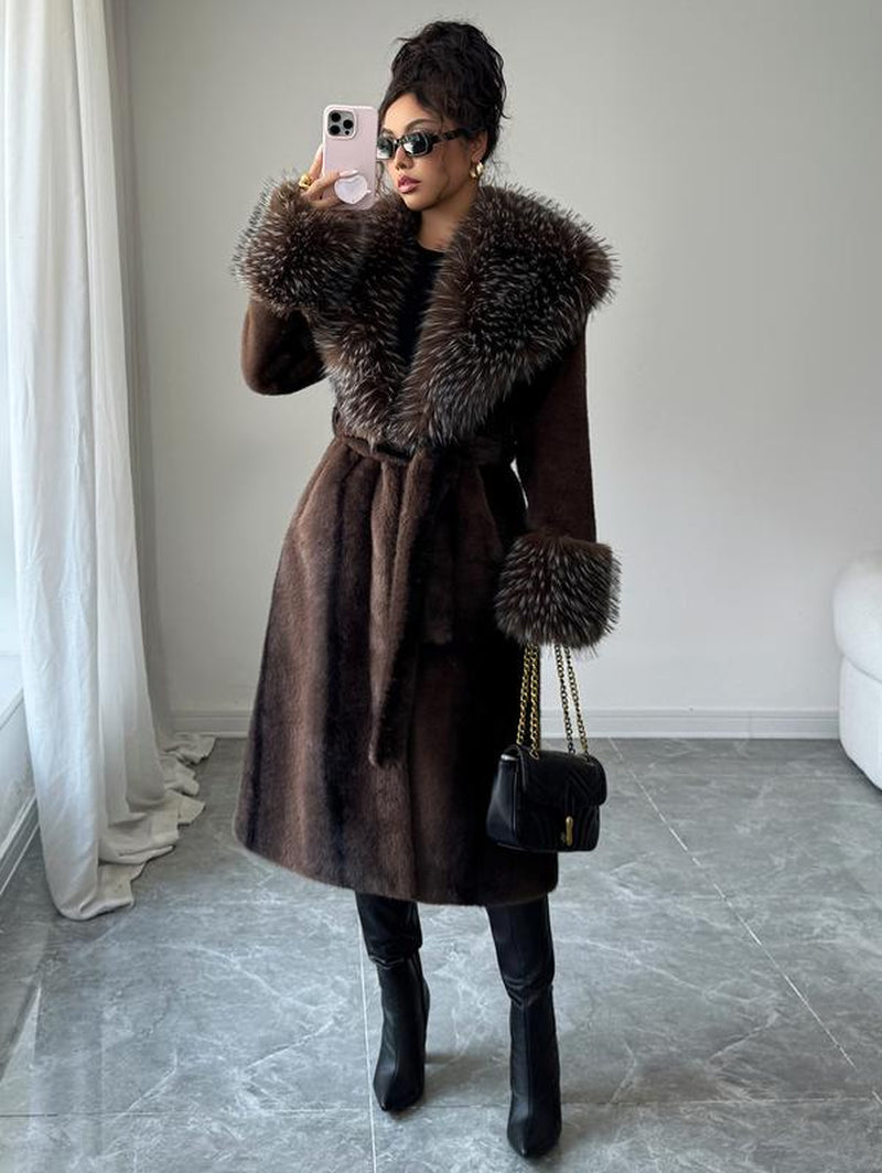 ASANDY Women'S Luxury Faux Brown Fur Coat with Plush Collar & Cuffs Belted Mid-Length Winter Outerwear Elegance Long Sleeve Jackets for Cold Weather Elegant Casual Style