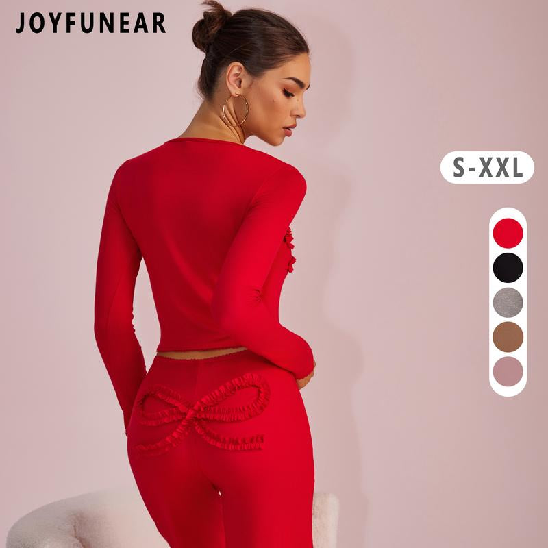 Joyfunear Solid Color Knitted Long-Sleeved round Neck Top & Casual Straight-Leg Pants Set with Bow Decoration for Daily Wear