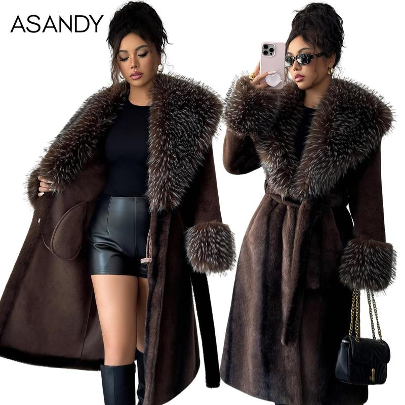 ASANDY Women'S Luxury Faux Brown Fur Coat with Plush Collar & Cuffs Belted Mid-Length Winter Outerwear Elegance Long Sleeve Jackets for Cold Weather Elegant Casual Style
