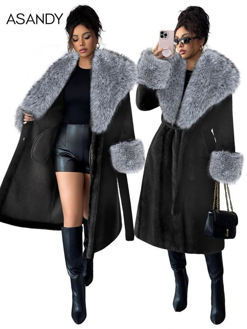 ASANDY Women'S Luxury Faux Brown Fur Coat with Plush Collar & Cuffs Belted Mid-Length Winter Outerwear Elegance Long Sleeve Jackets for Cold Weather Elegant Casual Style