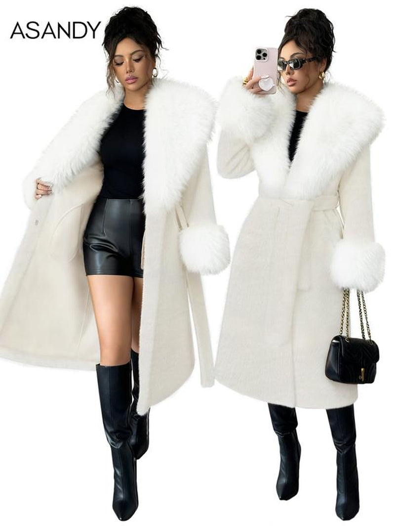 ASANDY Women'S Luxury Faux Brown Fur Coat with Plush Collar & Cuffs Belted Mid-Length Winter Outerwear Elegance Long Sleeve Jackets for Cold Weather Elegant Casual Style