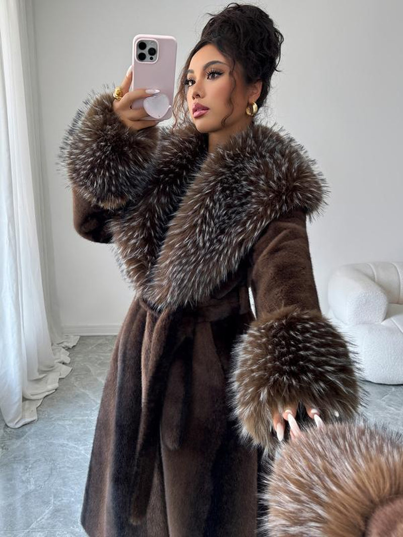 ASANDY Women'S Luxury Faux Brown Fur Coat with Plush Collar & Cuffs Belted Mid-Length Winter Outerwear Elegance Long Sleeve Jackets for Cold Weather Elegant Casual Style