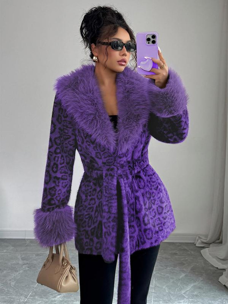 ASANDY Women’S Winter Lace-Up Leopard Print Faux Fur Coat Elegant Synthetic Leather Jacket Warm & Fashionable Outdoor Sports Coat Suitable for Cold Weather Suitable for Both Autumn and Winter