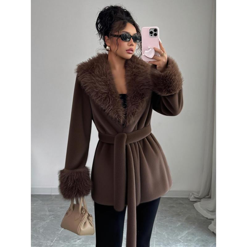 ASANDY Women’S Winter Lace-Up Leopard Print Faux Fur Coat Elegant Synthetic Leather Jacket Warm & Fashionable Outdoor Sports Coat Suitable for Cold Weather Suitable for Both Autumn and Winter