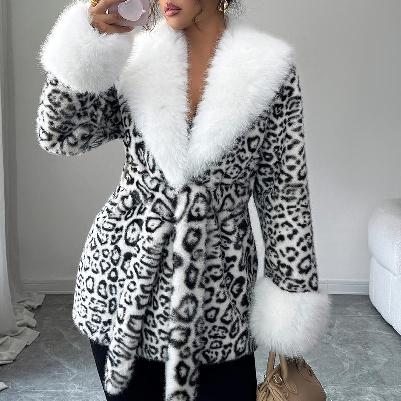 ASANDY Women’S Winter Lace-Up Leopard Print Faux Fur Coat Elegant Synthetic Leather Jacket Warm & Fashionable Outdoor Sports Coat Suitable for Cold Weather Suitable for Both Autumn and Winter