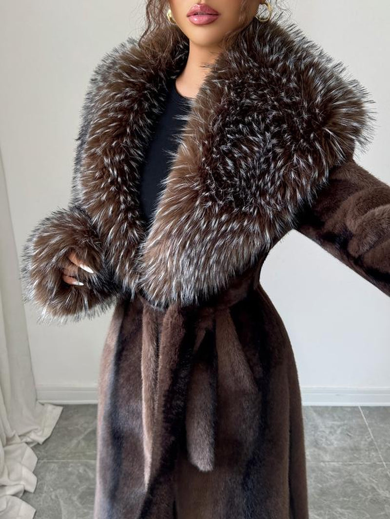 ASANDY Women'S Luxury Faux Brown Fur Coat with Plush Collar & Cuffs Belted Mid-Length Winter Outerwear Elegance Long Sleeve Jackets for Cold Weather Elegant Casual Style