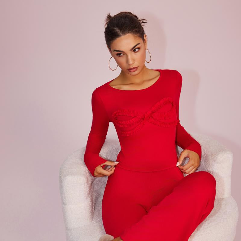 Joyfunear Solid Color Knitted Long-Sleeved round Neck Top & Casual Straight-Leg Pants Set with Bow Decoration for Daily Wear