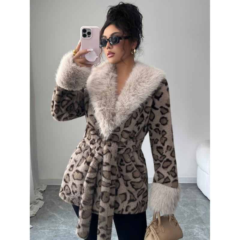 ASANDY Women’S Winter Lace-Up Leopard Print Faux Fur Coat Elegant Synthetic Leather Jacket Warm & Fashionable Outdoor Sports Coat Suitable for Cold Weather Suitable for Both Autumn and Winter