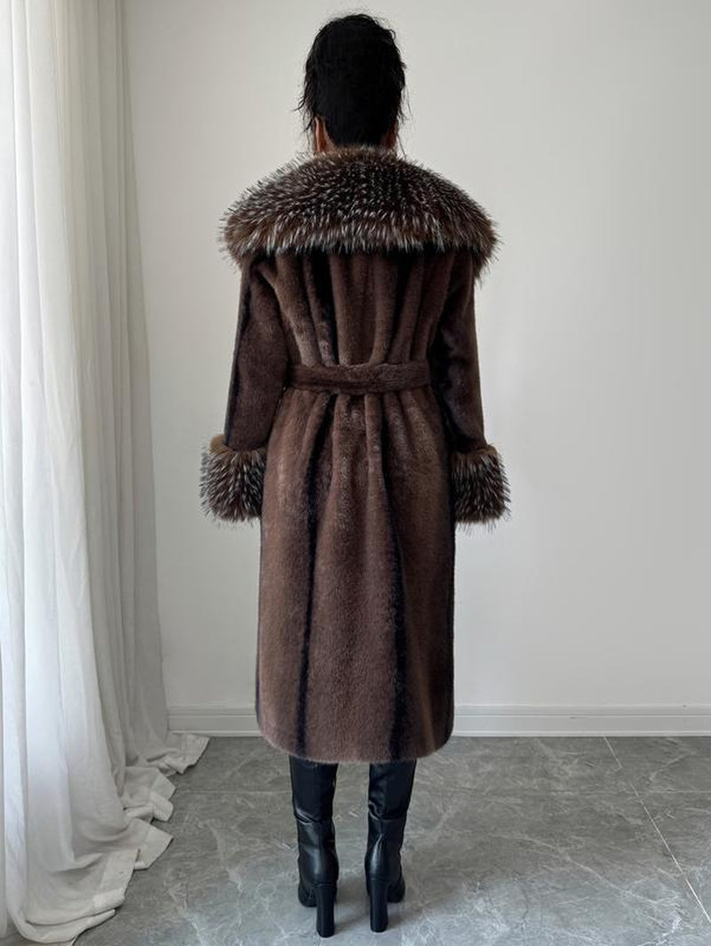 ASANDY Women'S Luxury Faux Brown Fur Coat with Plush Collar & Cuffs Belted Mid-Length Winter Outerwear Elegance Long Sleeve Jackets for Cold Weather Elegant Casual Style