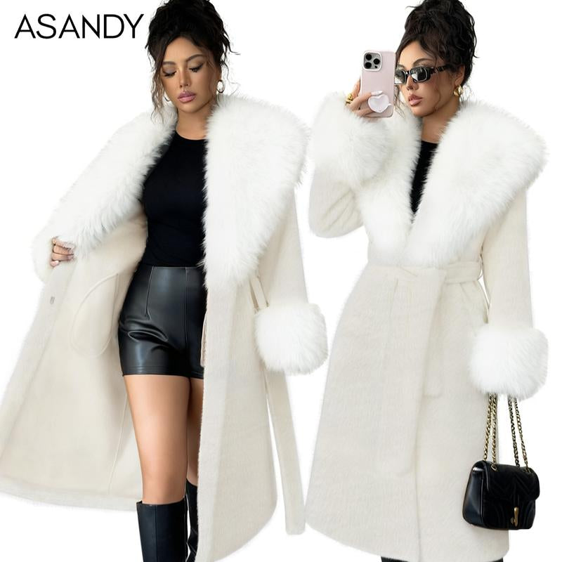 ASANDY Women'S Luxury Faux Brown Fur Coat with Plush Collar & Cuffs Belted Mid-Length Winter Outerwear Elegance Long Sleeve Jackets for Cold Weather Elegant Casual Style