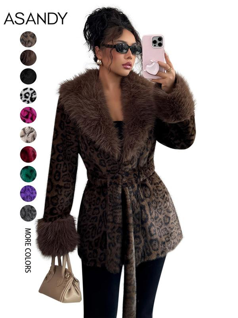 ASANDY Women’S Winter Lace-Up Leopard Print Faux Fur Coat Elegant Synthetic Leather Jacket Warm & Fashionable Outdoor Sports Coat Suitable for Cold Weather Suitable for Both Autumn and Winter