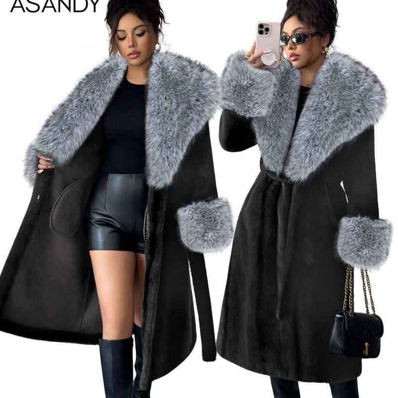 ASANDY Women'S Luxury Faux Brown Fur Coat with Plush Collar & Cuffs Belted Mid-Length Winter Outerwear Elegance Long Sleeve Jackets for Cold Weather Elegant Casual Style