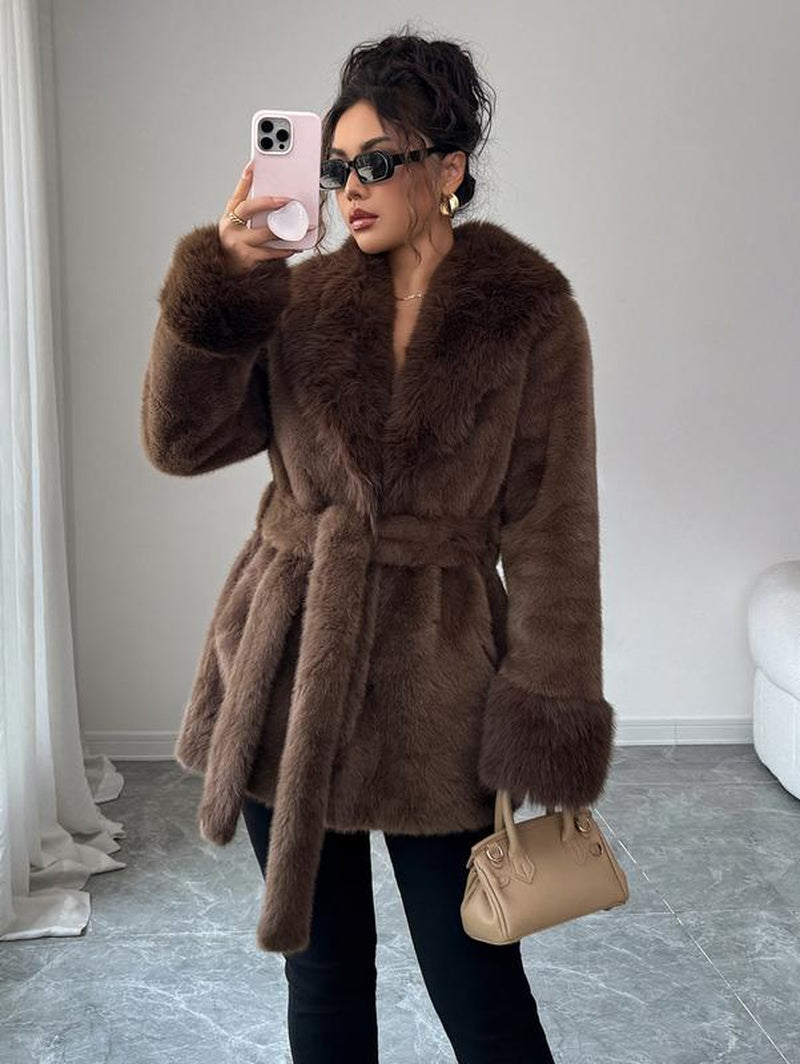 ASANDY Women’S Winter Lace-Up Leopard Print Faux Fur Coat Elegant Synthetic Leather Jacket Warm & Fashionable Outdoor Sports Coat Suitable for Cold Weather Suitable for Both Autumn and Winter