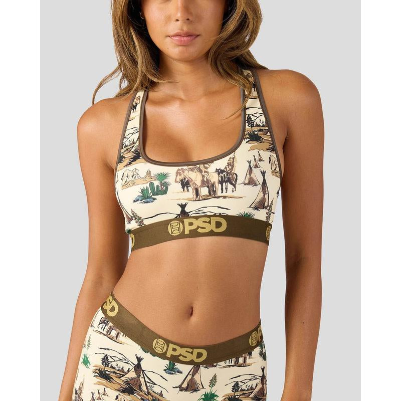 Vintage Racerback Sports Bra for Women featuring Comanche print and breathable lightweight fabric.