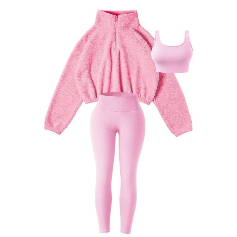 Amoyer 3-Piece Tracksuit Set for Women, Fleece-Lined Zip Jacket + Top + High-Waist Pants, Cozy Winter Activewear for Gym, Running, Travel